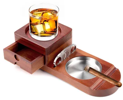 Immagine prodotto di Portacenere per sigari in legno, set con cassetto e taglia sigari, colore marrone