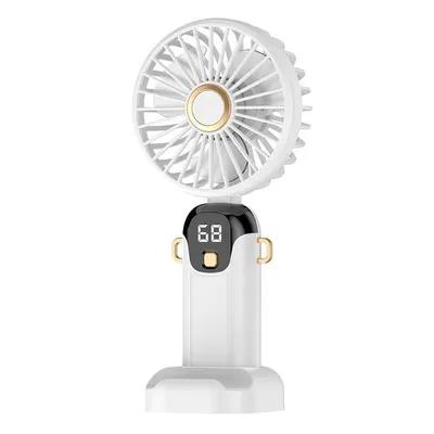 Produktbild von Mini Handventilator USB-C, 5 Geschwindigkeitsstufen, Digitalanzeige, wiederaufladbar, tragbar & Tischventilator – Weiß