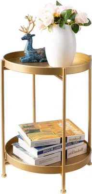 Produktbild von Famanu Beistelltisch Runde Form - Snacktisch für Wohnzimmer und Schlafzimmer - 2 Ebenen - Gold