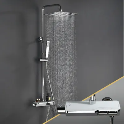 Produktbild von JOHO Regendusche Duschset mit Duscharmatur Komplettset- Thermostat Duschsystem mit Thermostatische, Überkopfbrause 30*30cm Chrom