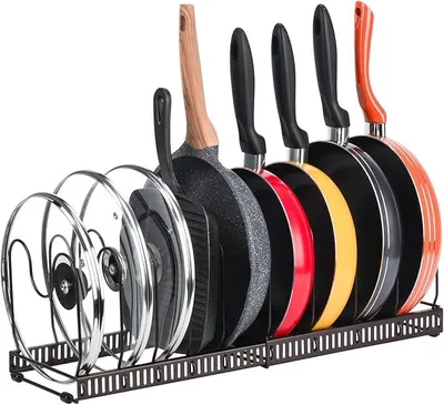 Produktbild von PolkaHome® Topfdeckelhalter mit 10 verstellbaren Fächern, ausziehbares Aufbewahrungsregal für Töpfe, Pfannen und Deckel, Schwarz