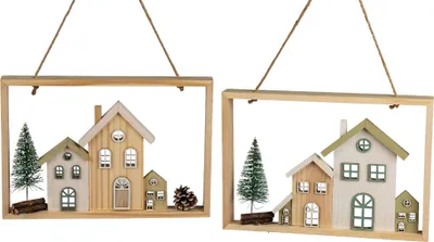Produktbild von 2er Set Hängedeko Häuser im Rahmen eckig 30x20cm natur aus Holz Formano WA