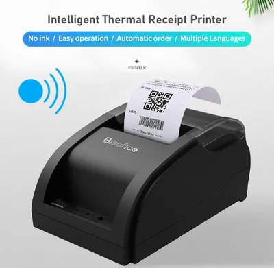 Produktbild von Bisofice Desktop 58mm termálna tlačiareň účteniek Bezdrôtová tlačiareň čiarových kódov Pripojenia USB + BT s 1 rolkou papiera vo vnútri Podpora ESC príkazov Pripojenie pokladnice Kompatibilné so systémom Windows Android iOS pre Supermarket Maloobchod