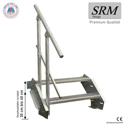 Produktbild von SRM Design Stahltreppe, Breite 110 cm, Geschosshöhe 30-40 cm, 2 Stufen, einseitiges Geländer, Stahl S 235, feuerverzinkt nach DIN EN ISO 1461, für Außenbereich, Garten & Gewerbe.
