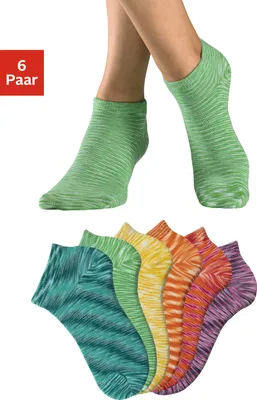 Produktbild von H.I.S. Sneakersocken mit farbig bedrucktem Garnen, unterschiedliche Designs 6 -teilig 1x dunkel grün, 1x hell grün, 1x orange 1x rot, 1x pink Größe 35/38