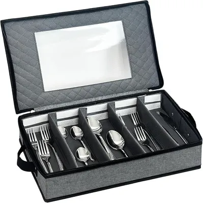 Produktbild von PolkaHome® Bestekbak mit Deckel für Schubladen, Besteckbox, tragbar, Besteck-Organizer mit Deckel, verstellbar, Küchenorganizer für