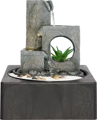 Produktbild von Dehner Zimmerbrunnen Mana, Wasserspiel mit warmweißer LED-Beleuchtung, 23 x 27 x 23 cm, Polyresin, grau