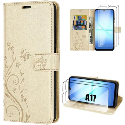 Image de Coque + 2 Verres Trempés pour Samsung Galaxy A17 4G/5G, Protection Rabat CuirPolyuréthaneRelief Floral Artistique Doré