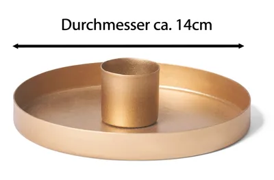 Produktbild von Novaliv 4er-Set Stabkerzenhalter Durchmesser 14cm Dekoschale GOLD rund Metall mit LED-Echtwachskerze Stabkerze Premium Kerzenhalter Adventskranz candle holder Kerzenpick scandic chic Kerzenteller
