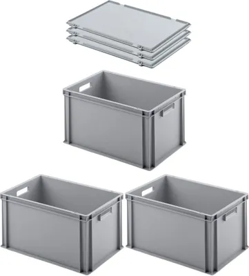 Produktbild von SuperSparSet 3x Eurobehälter mit offenem Griff und Scharnierdeckel | HxBxT 32x40x60cm | 56 Liter | Grau | Eurobox, Transportbox, Transportbehälter, Stapelbehälter