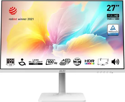 A white MSI monitor displaying a colorful abstract image, with various feature icons and text overlays.