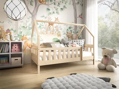Produktbild von MTJMöbel Kinderbett LUNA 160x80cm mit Matratze, Hausbett mit Sicherheitsgeländer, Kiefernholz