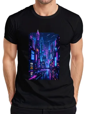 Zdjęcie produktu dla Koszulka męska z motywem cyberpunkowym, neonowy futurystyczny motyw, scifi, noc w Tokio, Japonia, styl Y2K, vaporwave, kolor: czarny, rozmiar: L