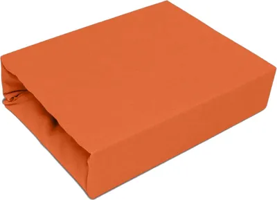 A folded orange fitted sheet on a white background.