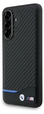 A close-up side view of a black smartphone case with a carbon fiber texture and BMW M branding.
