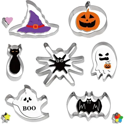 Obrázok produktu pre Sada 10 vykrajovačiek na pečenie s motívmi na Halloween, vhodné na zdobenie tort a koláčov, ideálne na párty a oslavy "Svieťku alebo orieškov". Vyrobené z nehrdzavejúcej ocele
