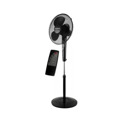 A black stand fan with a remote control on a white background.
