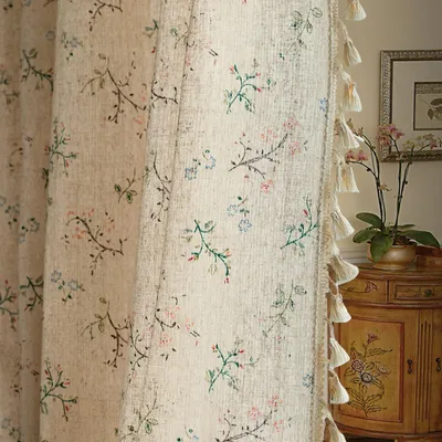 Boho-Vorhang-Paneele 2er-Set, beige, 132x160 cm, Baumwoll-Leinen