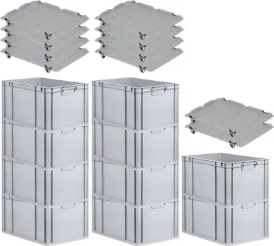 Produktbild von SparSet 10x Eurobox NextGen Economy mit Auflagedeckel und 4x Schiebeschnappverschlüsse Schwarz | Griffe geschlossen | HxBxT 32x40x60cm | 65 Liter | Eurobehälter, Transportbox, Transportbehälter, Stapelbehälter