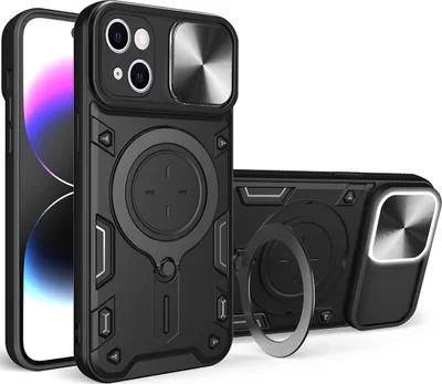 Obrázek produktu pro Pouzdro pro iPhone 15 dvojvrstvé odolné pouzdro s ochranným krytem kamery a kruhovým stojánkem na prsten černé