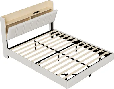 Obrázek produktu pro UnboxG Čalouněná postel 140x200 s USB LED osvětlením, dvoulůžková plovoucí postel s úložným prostorem čelo, úložné lůžko postel pro mládež rám postele s rámem postele a roštem, nábytek, PU, béžová barva