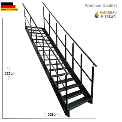 Produktbild von Wangen- Treppe Stahltreppe Gitterroststufen 17 Stufen mit beidseitigem Geländer in Anthrazit Breite 100 cm / Höhe: 323cm Außentreppe / Metalltreppe