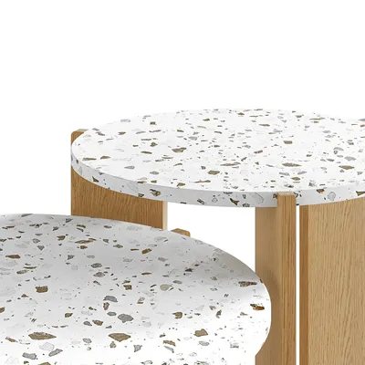 Produktbild von okwish Couchtisch 2er-Set, Satztisch Beistelltisch für Schlafzimmer Balkon, Satztische fürs Wohnzimmer, Wohnzimmertisch und Balkon, Moderner zusammensetzbarer Couchtisch, Weiß+ Holzfarbe