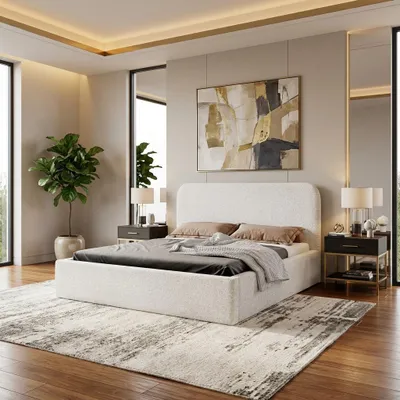 Produktbild von LUXKOR24 Polsterbett LAVINO 180x200 mit Bettkasten & Metallgestell – Bouclé Stoff MONTE Weiß