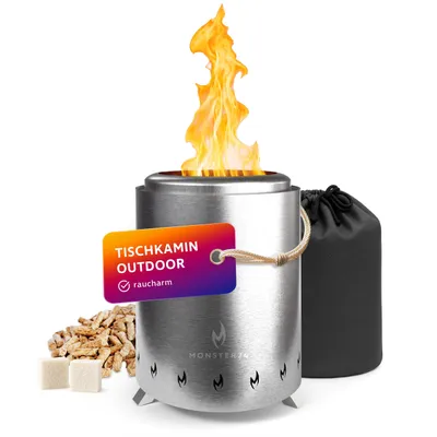 Produktbild von Monster24 Mikroofen aus Edelstahl, 15 x 21 cm raucharmer Tischkamin, Feuerschale für Terrasse, Balkon und Camping, mit Holz oder Pellets betrieben.