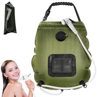 Image de Douche solaire 20 litres - Douche de camping avec pommeau de douche et thermomètre - Douche de camping solaire - Douche d'extérieur - Pour le camping et les voyages - Vert