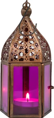 Produktbild von Orientalische Laterne aus Metall & Glas Meena pink 16cm | orientalisches Windlicht | Marokkanische Glaslaterne für innen | Marokkanisches Gartenwindlicht für draußen als Gartenlaterne