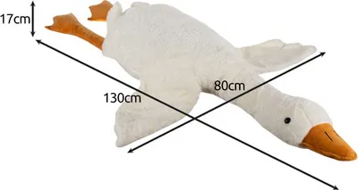 A plush toy goose with dimensions indicated by measurement lines and text.