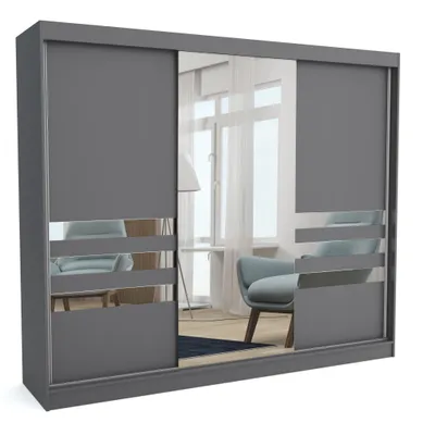 Produktbild von Brent - Kleiderschrank mit Spiegel Henry, Schlafzimmerschrank mit 1 Kleiderstange und Einlegeböden für Kleidung, 250x215x60 cm, Grau
