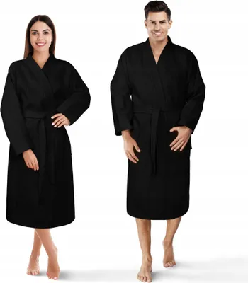 Produktbild von Damen Bademantel Herren Uni Baumwolle Kimono Waffel Gofer Schwarz Xs