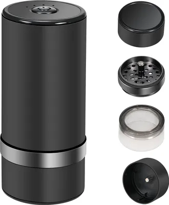 A black electric grinder with multiple detachable parts displayed next to it against a white background.