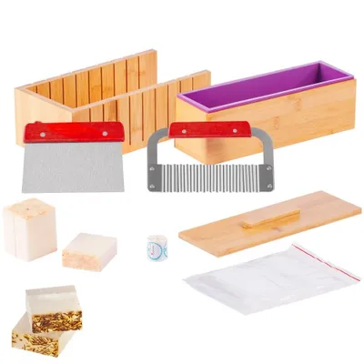 Produktbild von Seifenschneider-Set zur Selbstherstellung von Seife - 1301 mL, DIY Silikon Seifenherstellung Set - Handgefertigtes Seifenset, Rechteckige Silikonseifenform mit Bambuskasten - 278 x 142 x 93 mm.