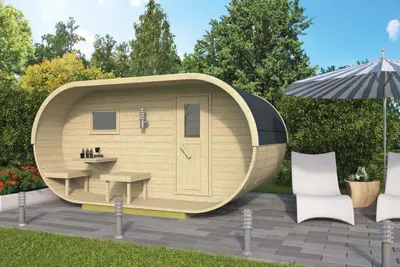 Produktbild von FinnTherm Saunahaus Lagom aus Holz Gartensauna mit 42 mm Wandstärke Sauna Außensauna besondere Dachform