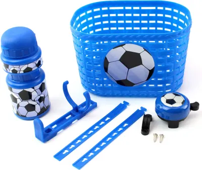 Immagine prodotto di Set cestino bici borraccia e campanello per bambini blu con pallone da calcio per balance bike, triciclo, bicicletta, monopattino