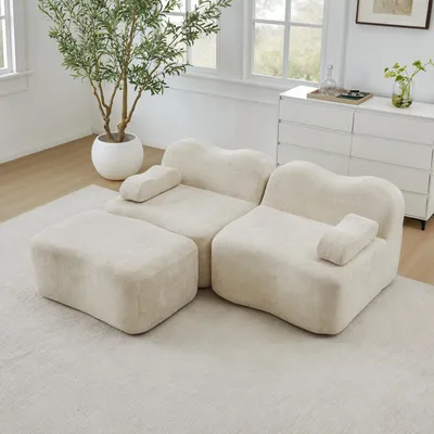 Image de Canapé modulable en L de forme ondulée, en velours, avec pouf, coussin d'accoudoir amovible, 192 x 167 x 70 cm, beige