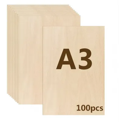 Immagine prodotto di Compensato di legno di tiglio - Pannelli di legno non trattati - 100 pezzi - Formato A3, 42 x 29,7 cm - Spessore 3 mm - Ideali per incisione laser, pittura e modellismo