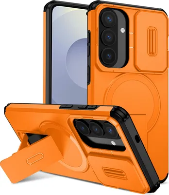 Obrázek produktu pro Magnetické pouzdro pro Samsung Galaxy S26+, dvouvrstvé odolné pouzdro s posuvnou ochranou fotoaparátu a nastavitelným stojánkem Oranžová