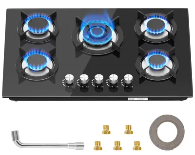 Obrázek produktu pro Vařič – Vestavěný vařič s 5 hořáky – Kalené sklo – Elektrické zapalování 220V – Vhodný pro zemní plyn a propan-butan – Černá barva
