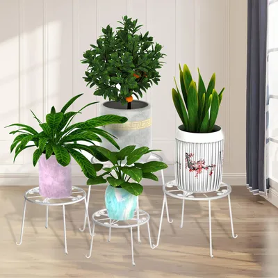 Productafbeelding van Set van 4 metalen bloemenstandaarden voor binnenshuis, witte bloemenbank, bloempot voor de woonkamer, bloemenrek voor het balkon, tuinaccessoire, bloemenstandaard voor buiten, ijzeren presentatiestandaard, plantenstandaard voor thuis