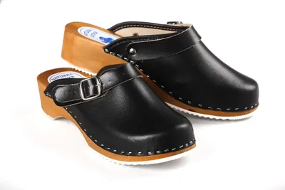 Produktbild von CLOGS Pantolette Sandalette Holz Leder Holzschuhe Holzclogs Damen Klotschen Schwarz 39