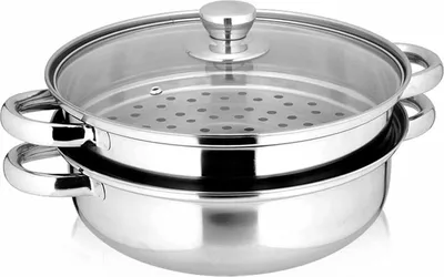 Produktbild von 2-teiliges Set aus Edelstahl für Stapel- und Dampftopf – mit Deckel, Dampfgarer, Stieltopf, Wasserbad…