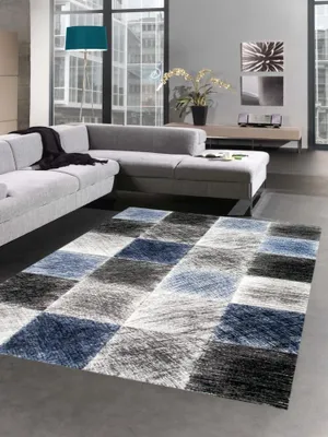 Image de Tapis moderne tapis de salon carreaux bleu gris noir Taille - 200 x 290 cm