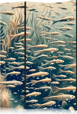 Produktbild von 3-teiliger Doppelseitiger Vlies Paravent - Life in the Ocean - Underwater World of Fish and Vegetation in Beige and Navy Colors in Retro Style 135x172 cm Tiere g-H-10113-z-a
