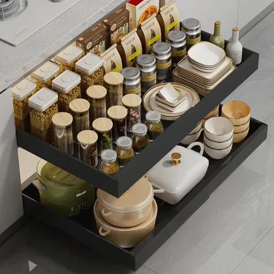 Produktbild von Unyqoos® Ausziehbarer Schrankorganizer mit teleskopischer Schublade, selbstklebend, schwarz – platzsparende Aufbewahrung für Küche & Bad
