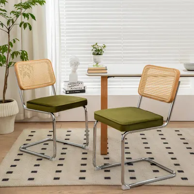 Obrázek produktu pro MODFU Jídelní židle 2 ks Opěradlo z ratanu Moderní design Polstrované sedadlo Zelená