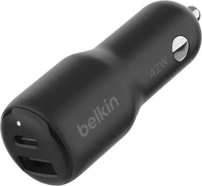 Produktbild von Belkin Kfz-Ladegerät BoostCharge, Schwarz, 42W, 2 Anschlüsse, aus recyceltem Kunststoff, 2.2 x 2.5 x 6.6 cm, für Smartphones & Tablets (USB-C/A, Apple, Samsung, PD3.0+PPS kompatibel)